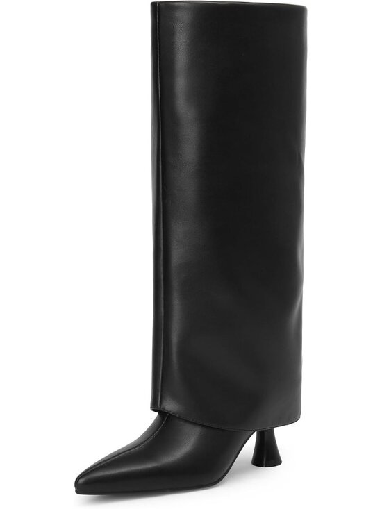 Shoes - Women's Black Comfortable 2.7 inch Low Kitten Heel Pointed Toe Knee High Boots